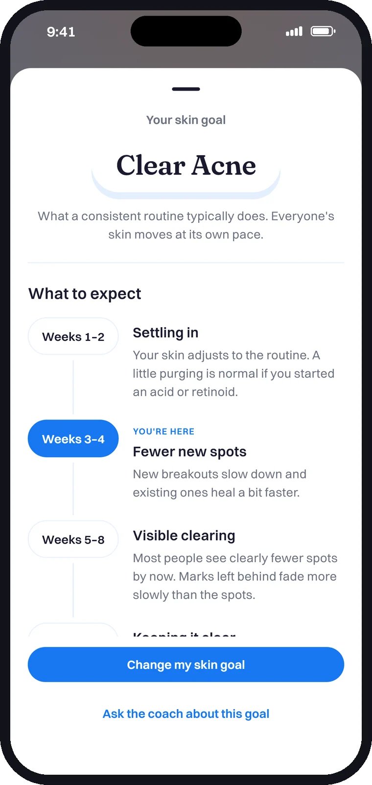 The goal timeline for Clear Acne, with weeks 3 to 4 marked as You're here.