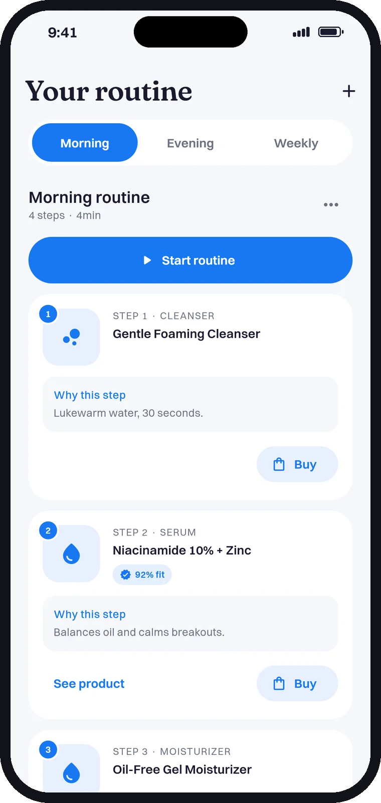 A morning routine with four steps, each with a reason and a product fit score.