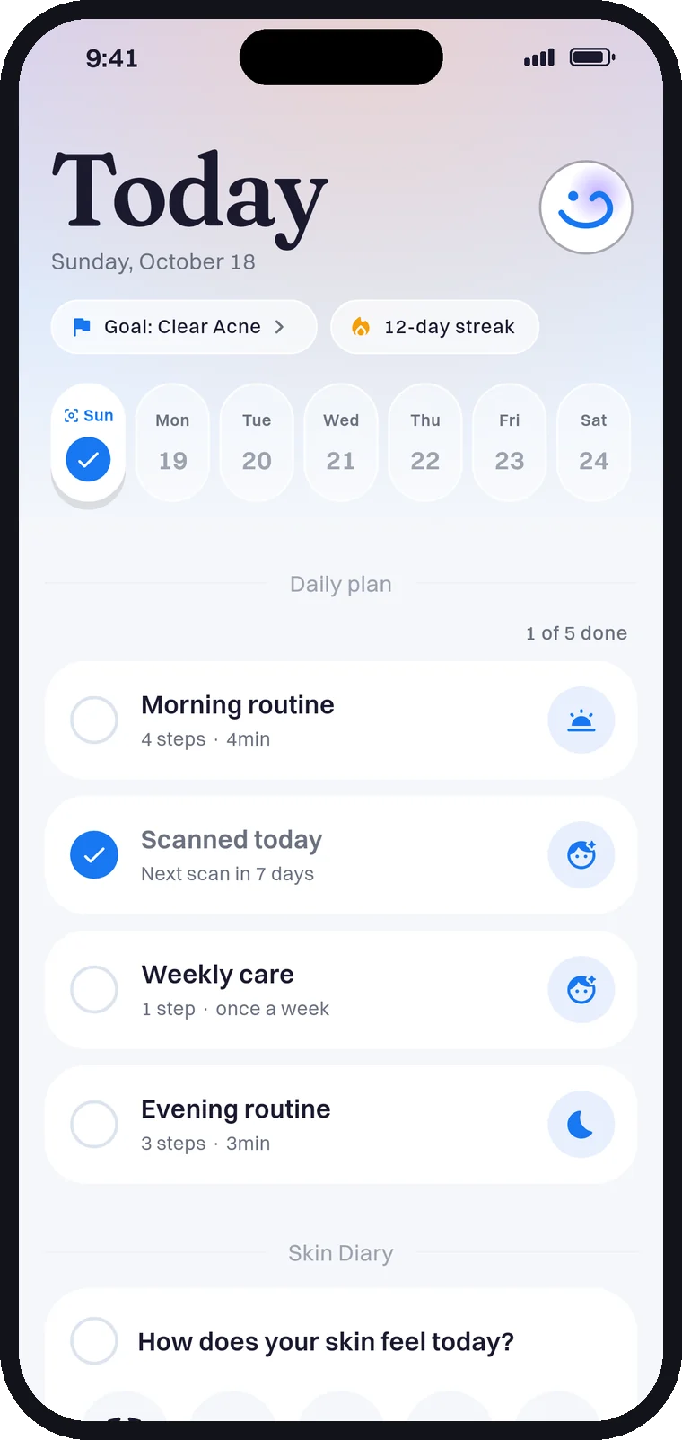 The Today screen: your goal, your streak, and the day's routines, scan and check-in.